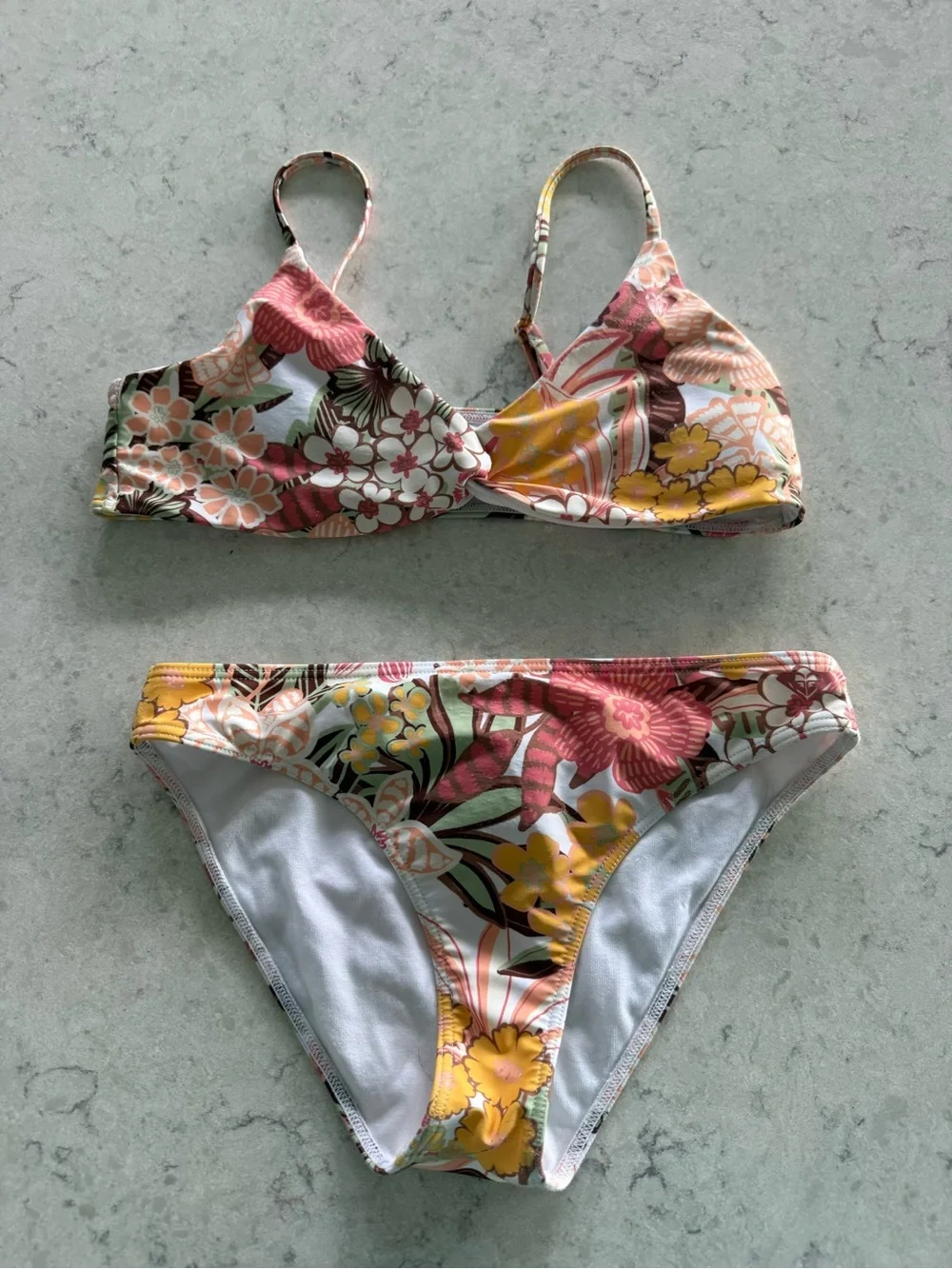 Roxy Floral Bikini Top in White, Pink & Yellow